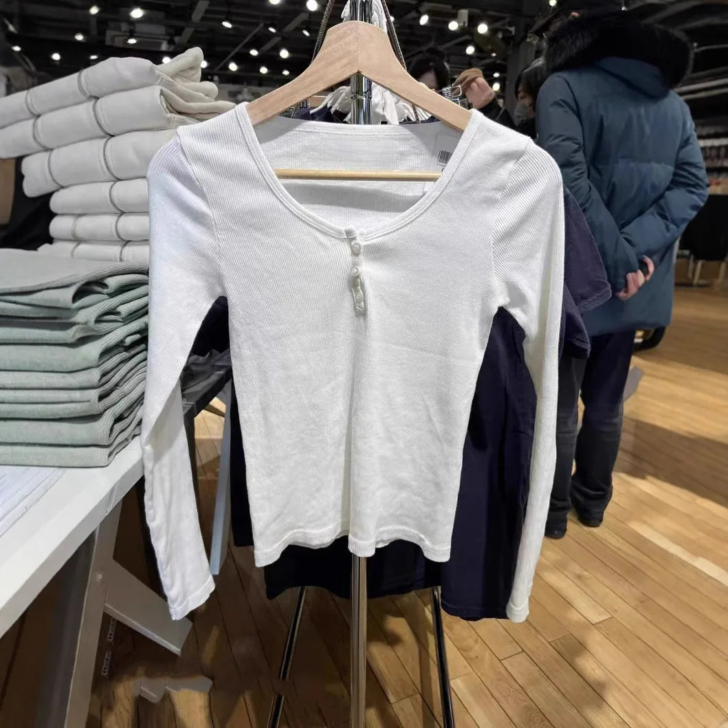 Sweet White Ribbed Button Long Sleeve Tees Women Streetwear Elegant Slim O-neck Cotton Tops Femme Vintage Cute Chic T-shirts Y2K