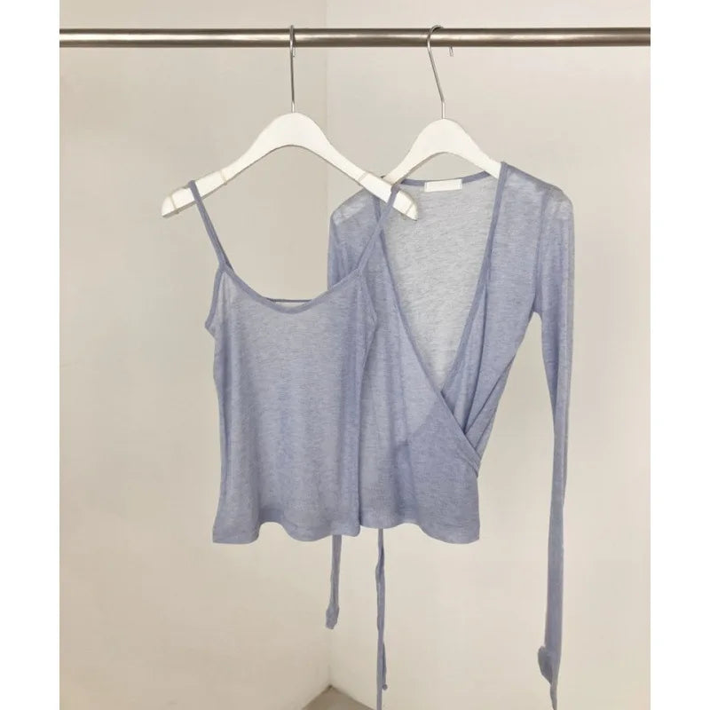 New Sexy Thin Slightly Transparent Two-piece Suit for Women Casual Slim Long Sleeve Cardigan + Suspenders Vintage Sweet Chic Top