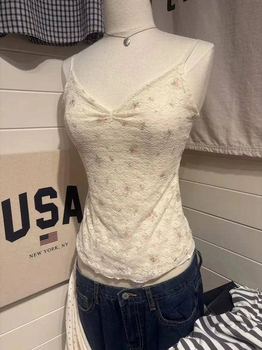 Floral Lace V-Neck Folds Slim Tank Top Women Summer Casual Sleeveless Thin Sleeveless Vest Sweet Vintage  Sexy Crop Tops Y2K New