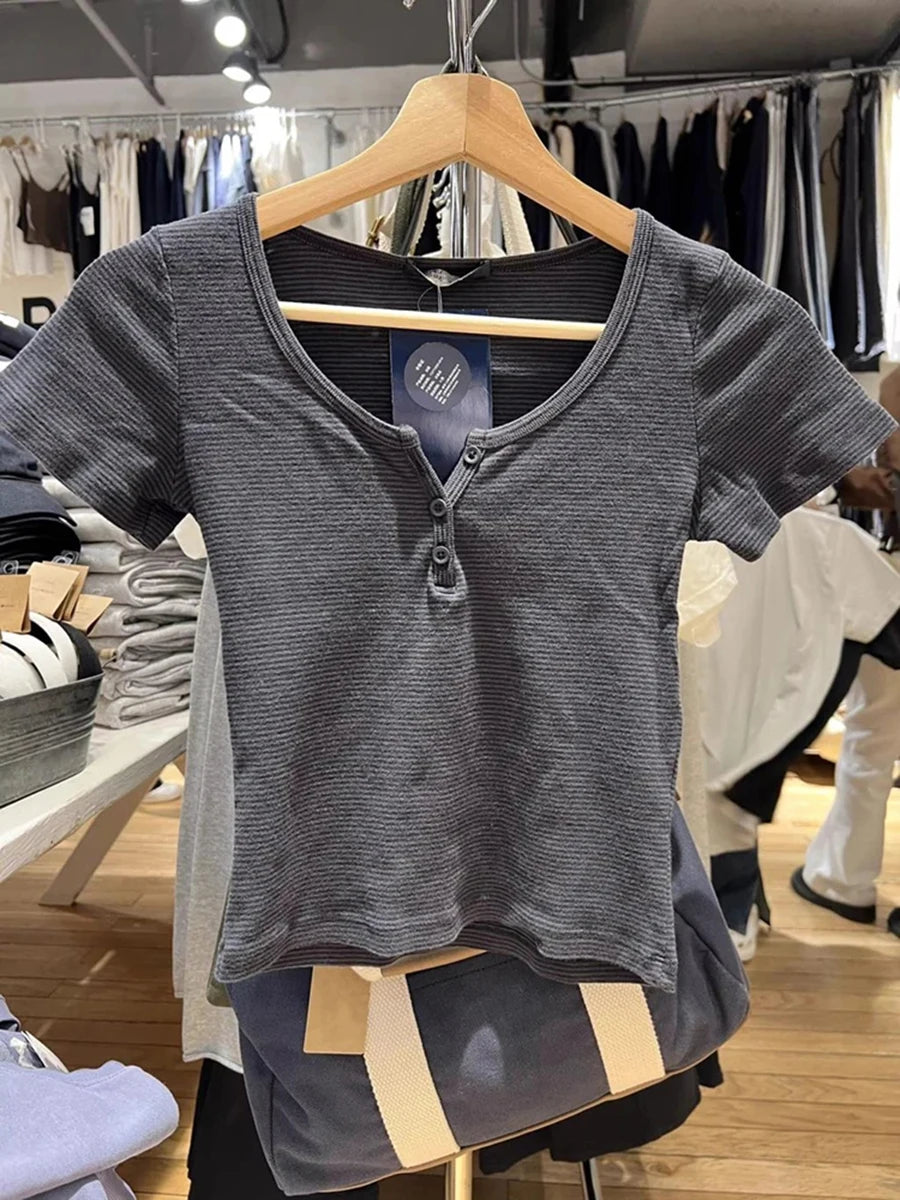 Sweet Little Pink Striped T-shirts Women New Cotton O-neck Casual Slim Buttons Short Sleeve Tees Cute Basic Girls Tshirt Y2K Top