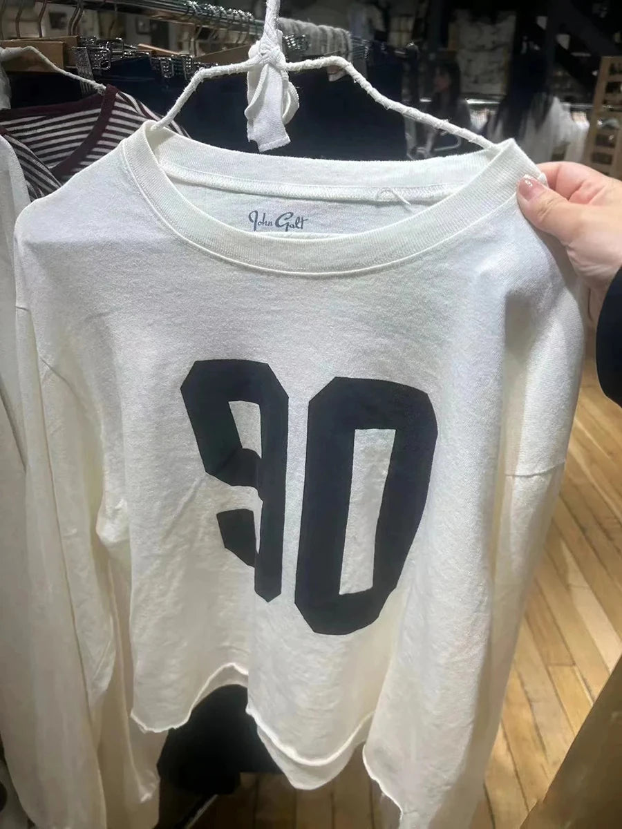 Fashion 90 Digital Print Cotton Long Sleeve Tees Women New O-neck Loose Raw Hem Streetwear Tops Simple Vintage Chic T-shirts Y2K