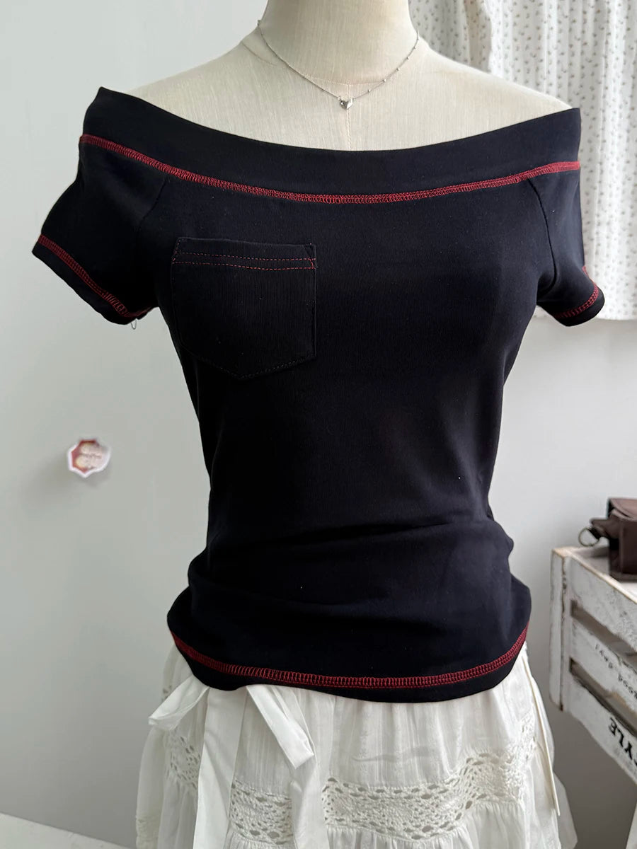 Slash Neck Short Raglan Sleeve Tee Shirts Women Summer Casual Slim Quilted Pocket Cotton Tshirts Sweet Preppy Style T-shirt Y2K