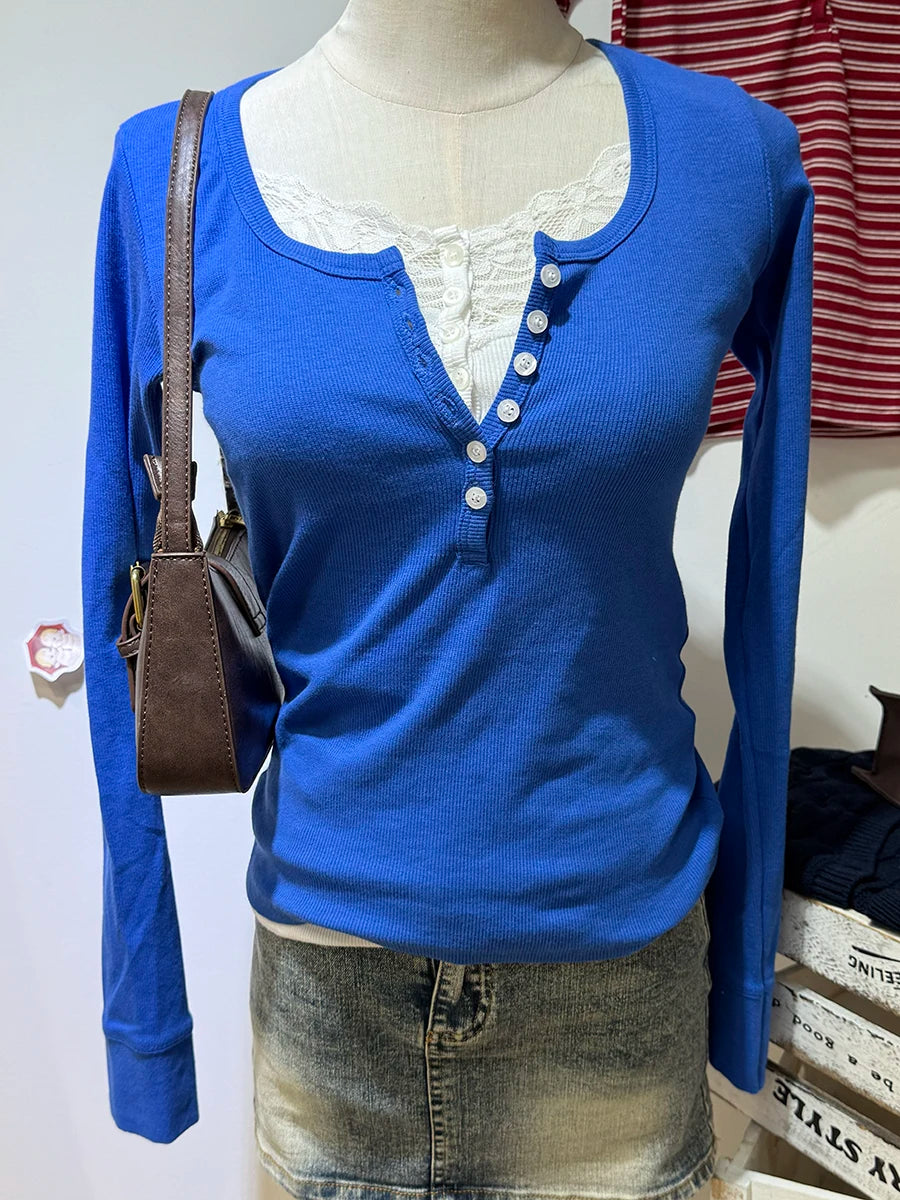 Navy Six ButtonsT-shirts Women Autumn New Round Neck Cotton Ribbed Slim  Long Sleeve Tee Top Casual Vintage Chic Tshirt Y2k Tops