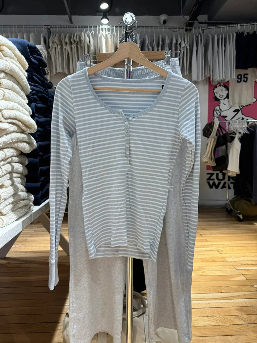 Zelly Tops Navy Striped Buttons Long Sleeve Tees Women Casual Chic Cotton T-shirt Cute Preppy Style Slim Tshirt