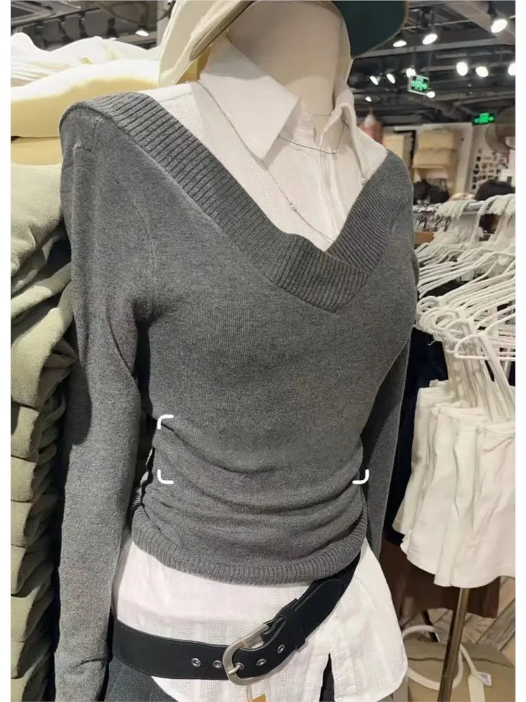 Gray Slim Knitted Long Sleeve Tees Women Autumn Cotton Simple Sexy V-neck Crop T-shirts Vintage Sweet All-match Tops Pullover