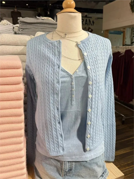Light Blue Twsited Knitted Cardigan Women Spring Casual Simple Buttons Jumper Chic Preppy Style Sweet Sweaters Y2K