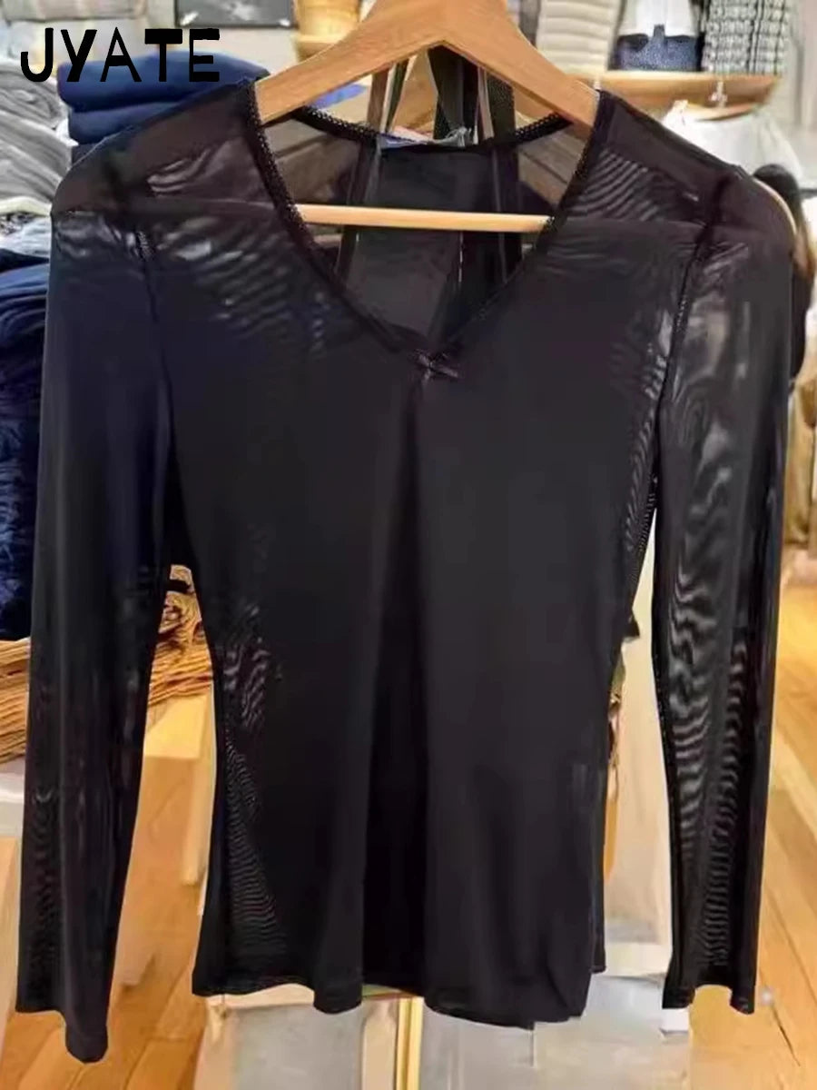 Sexy See-through Black Long Sleeve Tees Smock Women Summer New Bow V-neck Slim Tops Clothing Vintage Chic Harajuku T-shirts Y2K