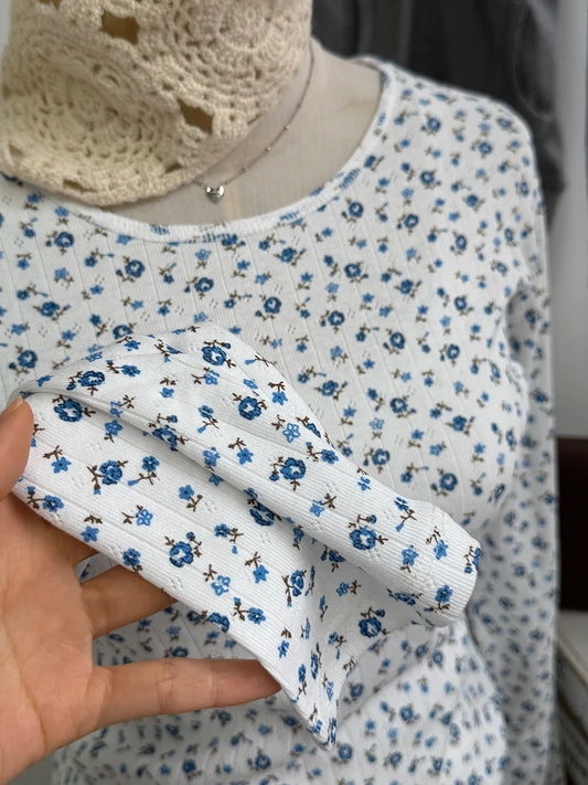 Blue Floral T-shirts Women Spring Casual Streetwear Cotton Crew Neck Long Sleeve Tees Sweet Vintage Chic Preppy Style Shirts