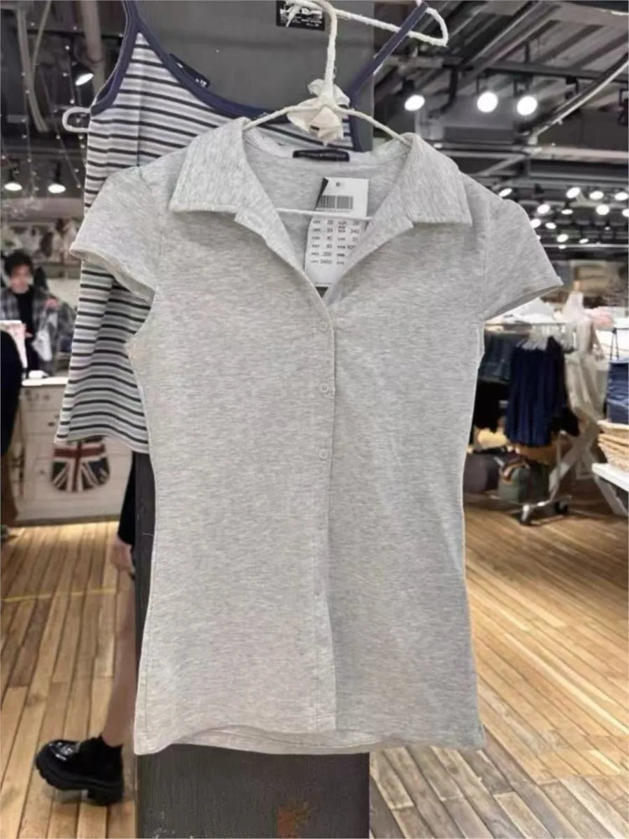 White Buttons Short Sleeve Tees Women Summer Cotton Soft Turn Down Collar Preppy Style Tops Blouse Sweet Chic All-match T-shirts