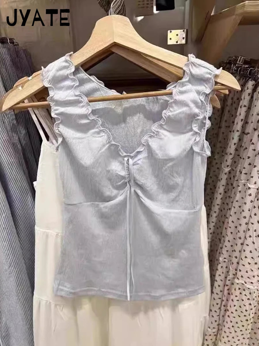 Sweet Blue Ruffles V-neck Cropped Vests Women Summer Casual Slim Folds Bow Sleeveless Tank Tops Sweet Preppy Style Camisole Y2K