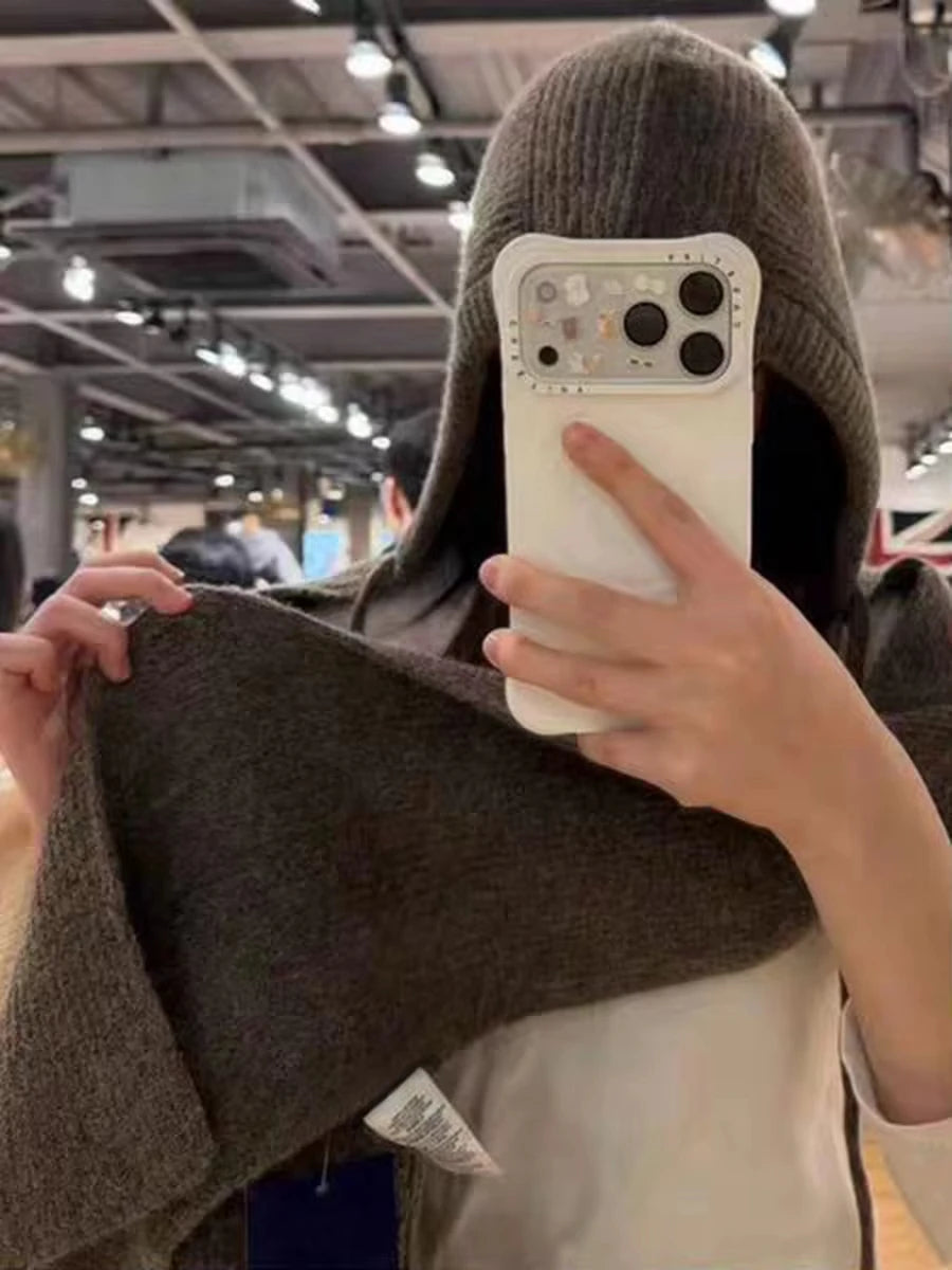 Solid Hooded Scarf Women Spring Winter Casual Lace-up Unisex Thick Warm Long Scarves Vintage Chic Preppy Style Knitted Scarf y2k
