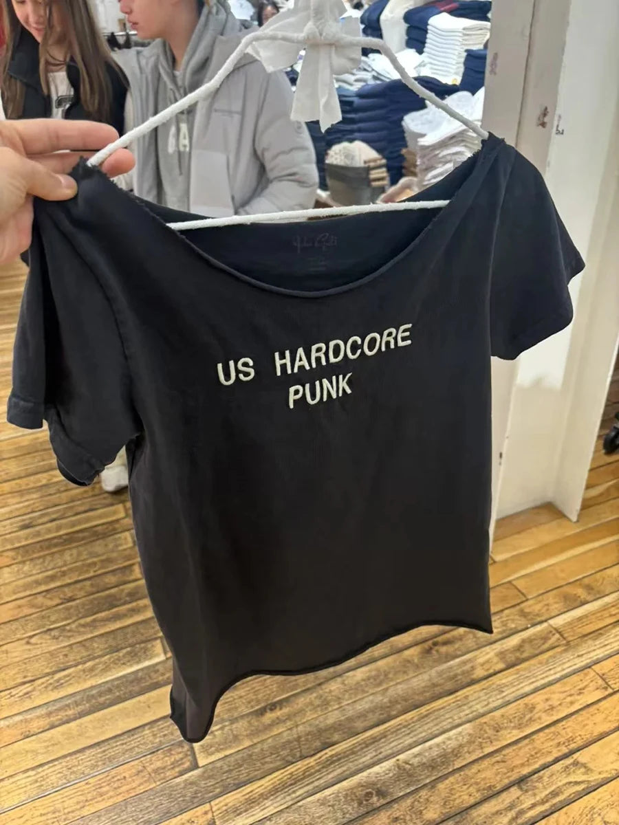 Letter Print Slash Neck T-shirts Women Summer New Black Raw Hem Cotton Short Sleeve Tees Vintage Cute Harajuku Tshirt Y2K Tops