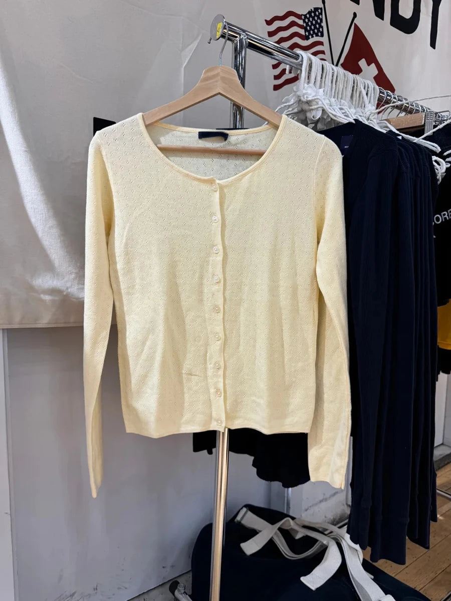 Eyelet Drak Gray Cotton Cardigan Women Autumn Casual Streetwear  Buttons Knitted Long Sleeve Tees Simple Sweet Basic Tops New