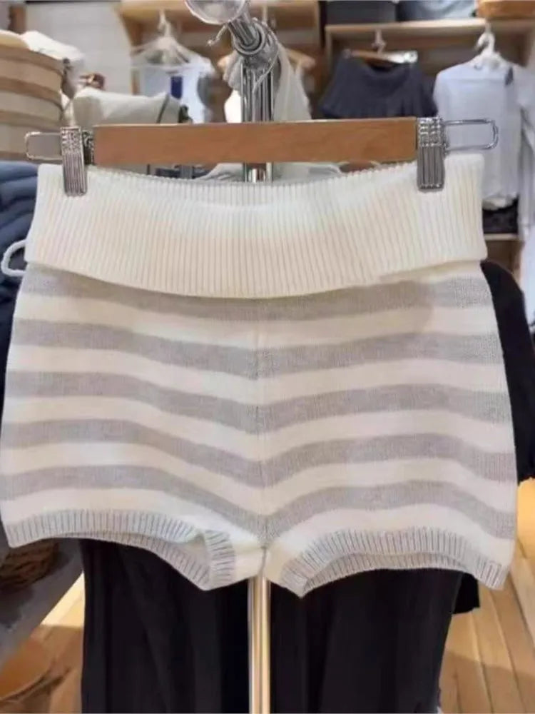 Striped Flanging Knit Shorts Women Spring Elastic Waist Cotton Straight Short Pants Sweet Home Underwear Y2K Sweatshorts New