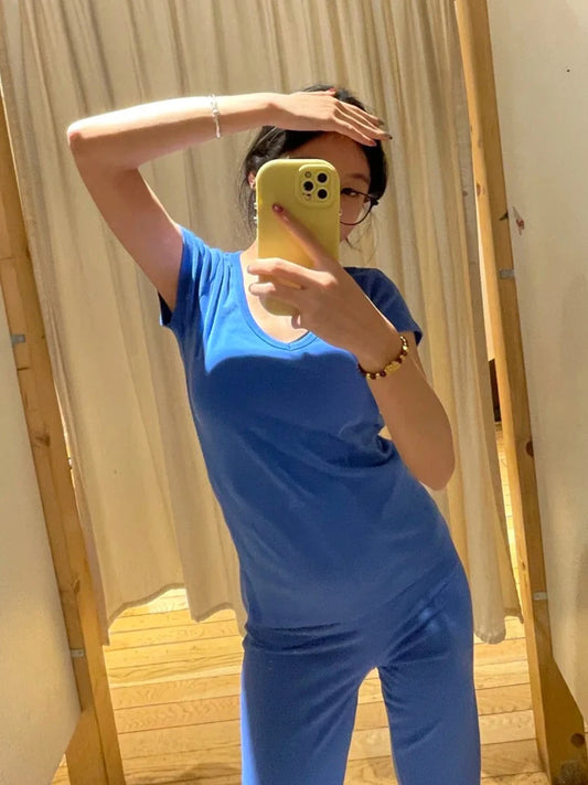 Electric Blue Basic T-shirt Pant Sets Women Casual O-neck Short Sleeve Tee+Straight Sweatpant Cute Preppy Style 2 Piece Set Y2K