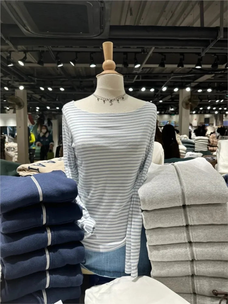 Vintage Striped Sexy Slash Neck Slim T Shirt Women Casual Streetwear Cotton Long Sleeve Tees Casual Sweet Basic T-shirts Y2K New