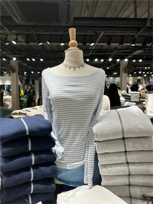 Vintage Striped Sexy Slash Neck Slim T Shirt Women Casual Streetwear Cotton Long Sleeve Tees Casual Sweet Basic T-shirts Y2K New