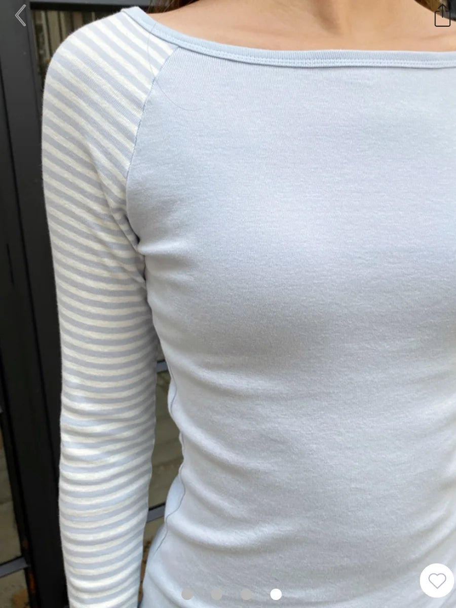 Blue Patchwork Long Sleeve T-shirt Women Spring Slash Neck Cotton Slim Tee Shirts Female Sweet Streetwear Vintage Tshirt Tops