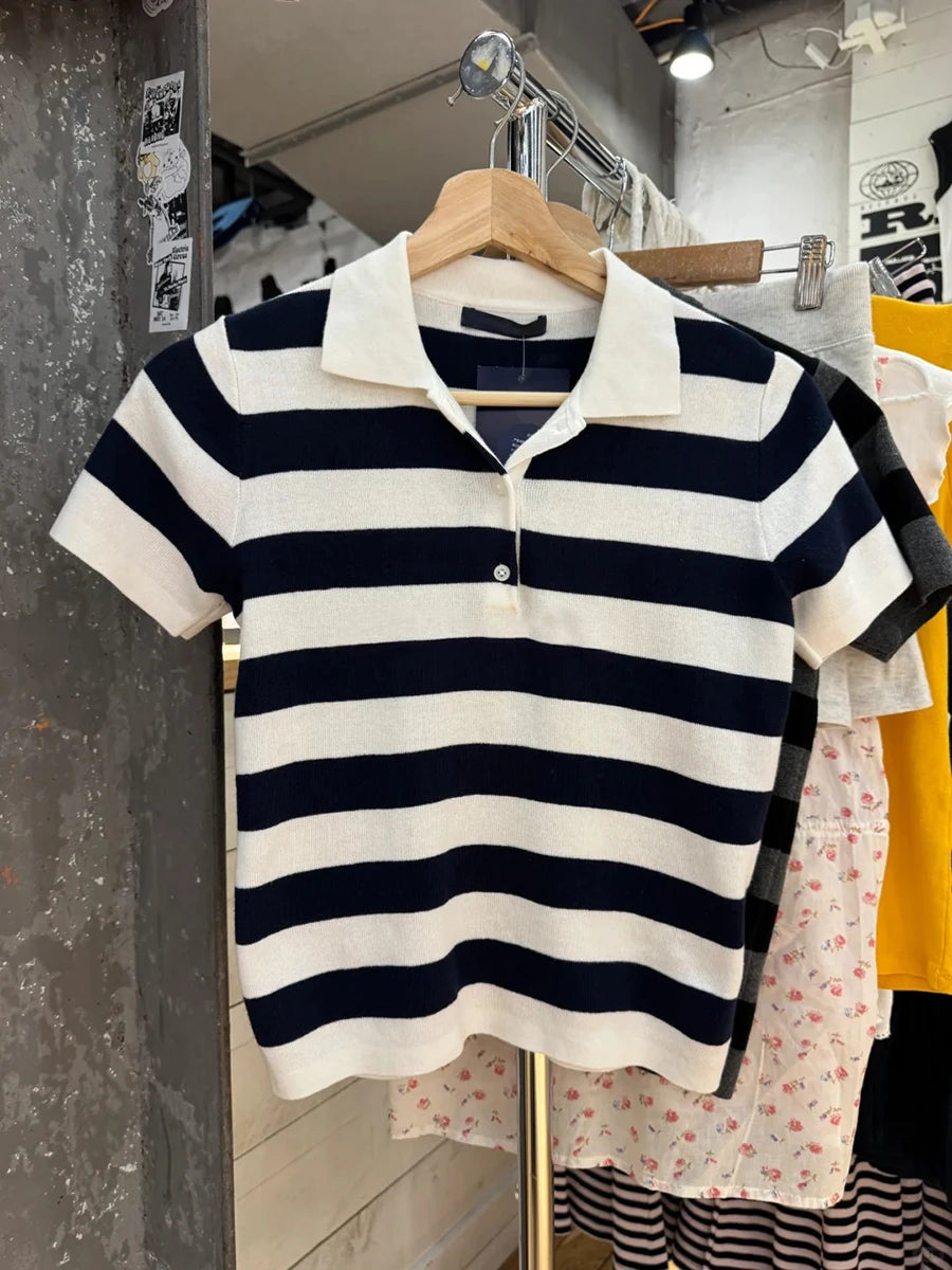 Striped Knitted Slim T-shirt Women Buttons Cotton Turn-down Collar Short Sleeve Tees Vintage Sweet Preppy Style Crop Tops Y2K