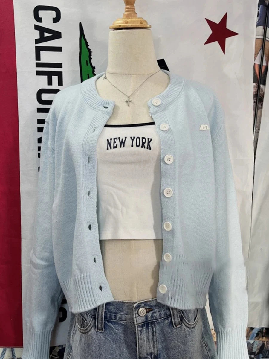 Light Blue Knitted Cardigans Women Casual Cotton Preppy Style Button Sweater Coats Cute Female Vintage Loose Sweet Cardigan Tops