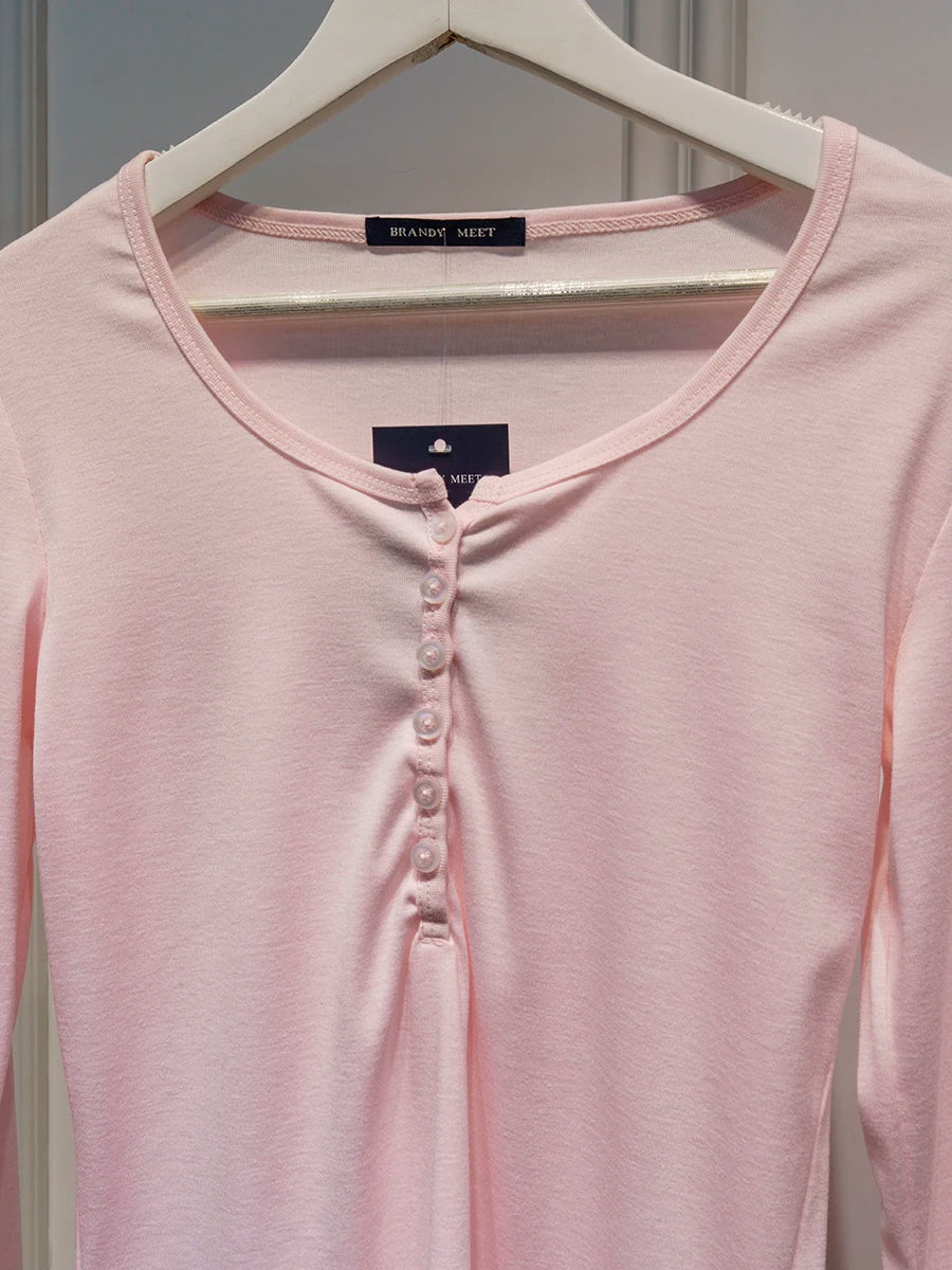 Pink Six Buttons Thin Long Sleeve T-shirts Women Spring Round Neck Cotton Slim Tee Top Female Cute Sweet Tshirt Y2k Tops New