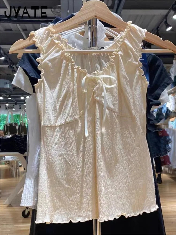 Beige Bow Folds Slim Tank Tops Women Summer New Preppy Style Ruffles V-neck Cotton Sleeveless Vests Cute Chic Sweet Camisole Y2K
