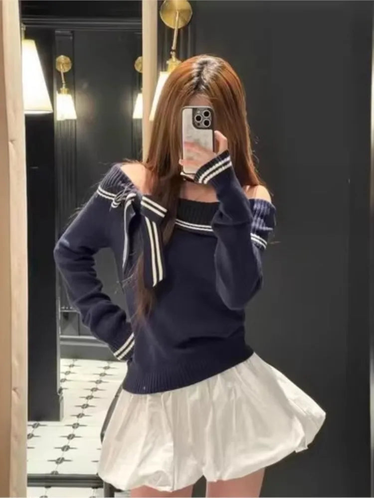 Off-the-shoulder Bowknot Sweater for Women Preppy Style Loose Tie-up Knitted Tops Vintage American Sweet Sweaters