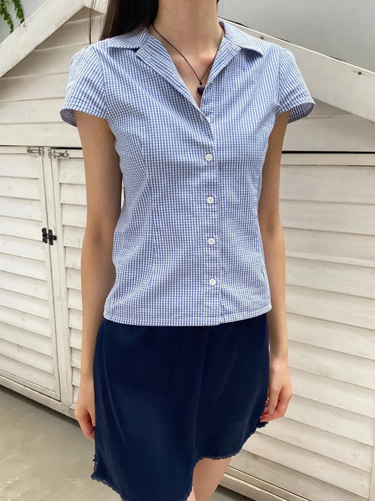 Blue Plaid  Lapel Blouse Women Summer Casual Preppy Style Buttons Short Sleeve Tees Sweet Vintage Cute T-shirts Y2K Tops New