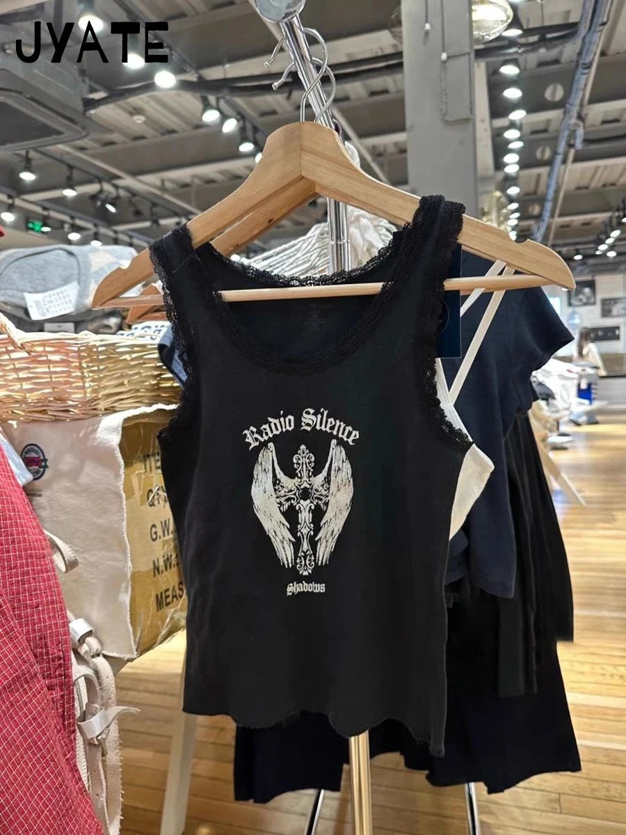 Cross Print Lace Trim Black Tank Tops Women Summer Casual Slim Streetwear Sleeveless Cropped Vests Harajuku Vintage Chic Camis