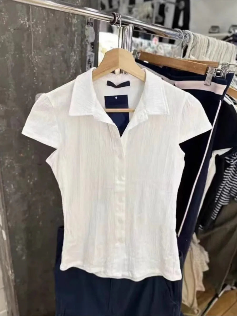 White Buttons Short Sleeve Tees Women Summer Cotton Casual Turn Down Collar Preppy Style Tops Sweet Vintage Chic Cute T-shirts