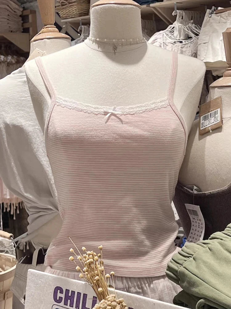 Blue Striped Eyelet Tank Tops Women Summer Y2K Cotton Soft Bow Lace Trim Sleeveless Vests Sweet Cute Preppy Style Camisole New