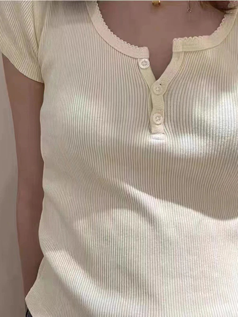 Sweet Pink Buttons Short Sleeve Tee Female New Cotton Soft Casual O-neck Simple Basic Tops Women Cute Chic Harajuku T-shirts Y2K