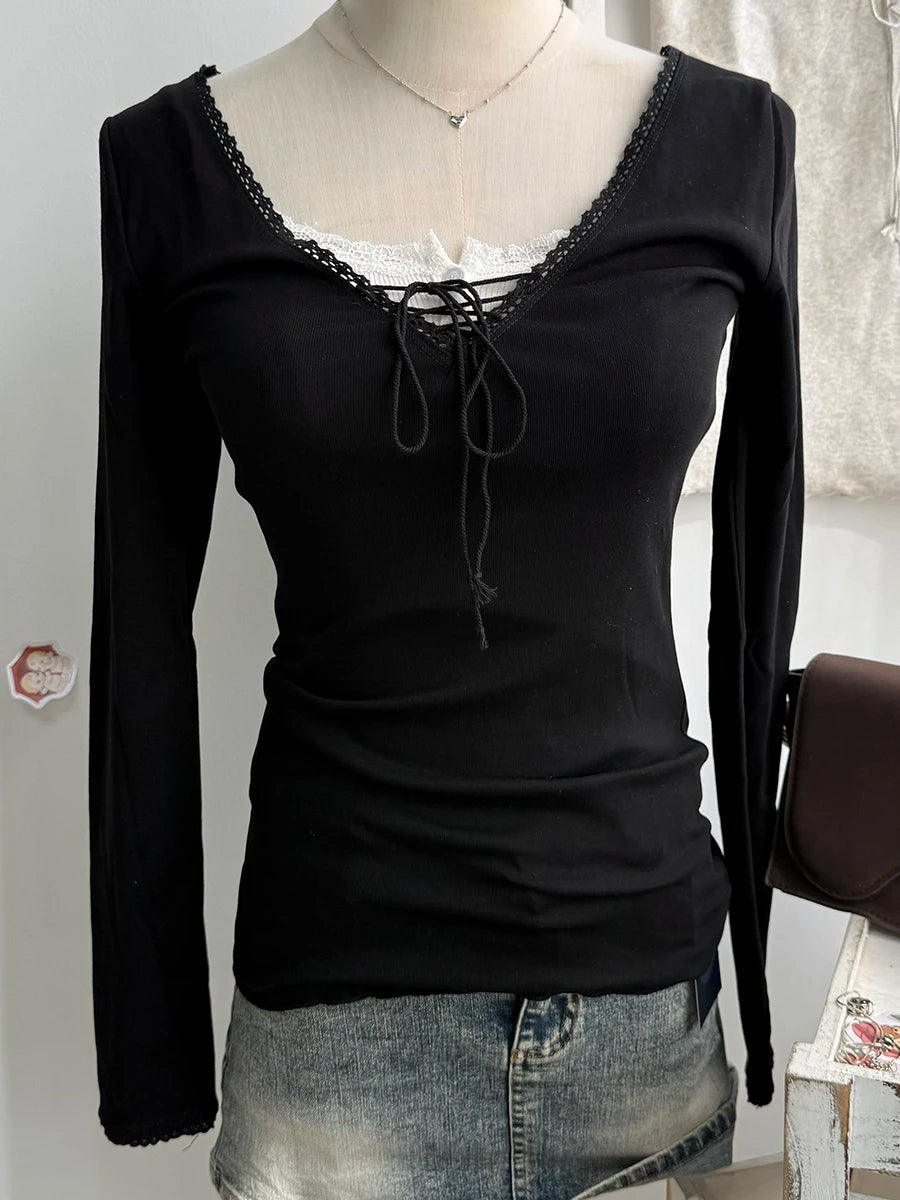 Lace Trim Long Sleeve Tees Women Spring Streetwear Cotton Slim V-neck Lace-up Tops Sweet Cute Pink Chic T-shirts
