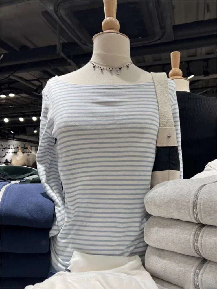 Vintage Striped Sexy Slash Neck Slim T Shirt Women Casual Streetwear Cotton Long Sleeve Tees Casual Sweet Basic T-shirts Y2K New