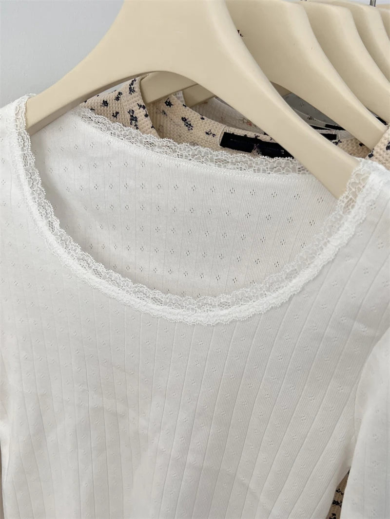 White Hollow Out T-shirts Women Cotton Soft Slim Raw Trim Crew Neck Long Sleeve Tops Clean Girl Vintage Cute Sweet Tees Clothes