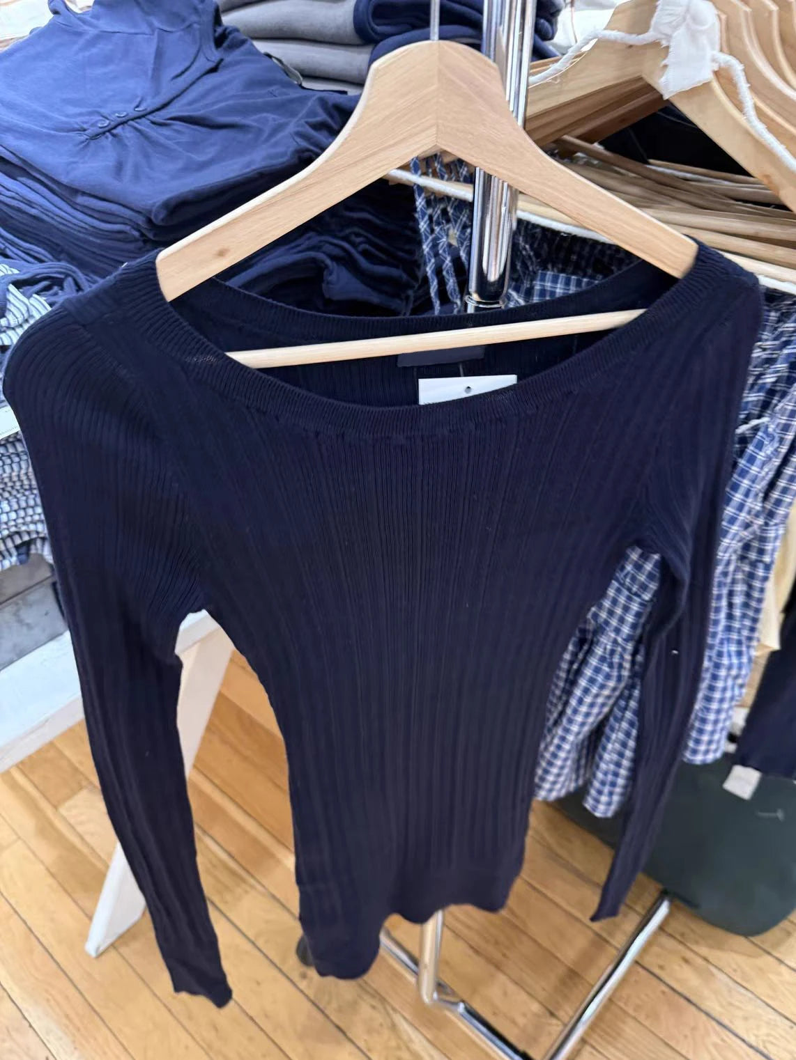 Navy Simple Knit Slim T-shirt Women Autumn New Fashion U-neck Cotton Long Sleeve Tees Preppy Style Chic Casual T Shirt Y2K Top