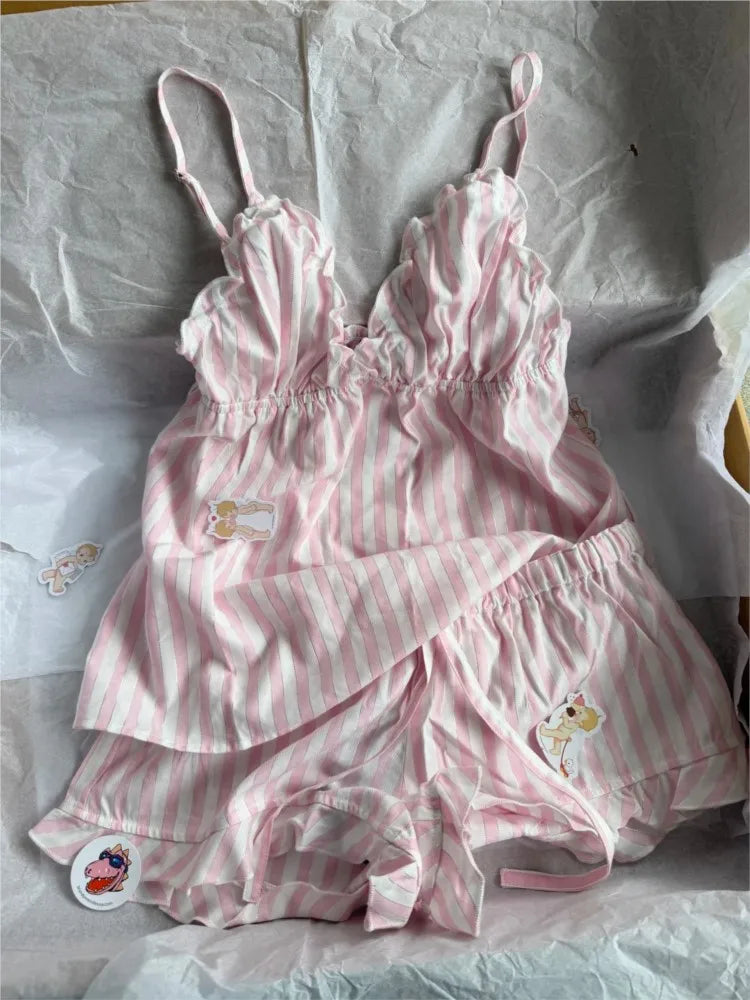 Pink Striped Silver Line Blouse Sets Women Lace Trim Casual Camisole+Drawstring Short Pants Sweet Cute Home Outfits Collection