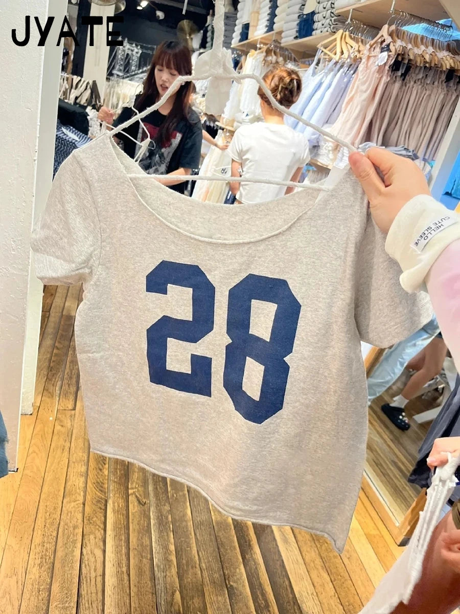 28 Print Slash Neck T-shirts Women Summer New Cotton Soft Gray Raw Hem Short Sleeve Crop Tops Vintage Chic Streetwear Tshirt Y2K