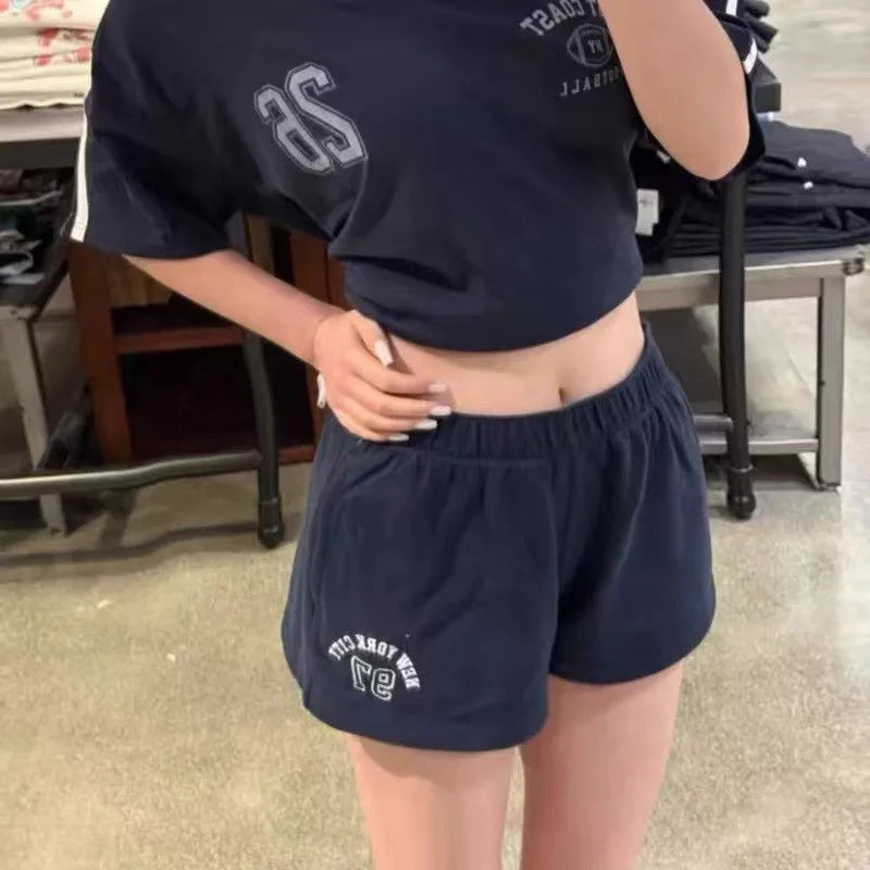 Pink Letter Embroidery Sports Shorts Women New Casual Pockets Drawstring Elastic High Waist Short Cute Sweet Simple Short Pants