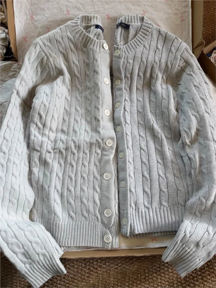 Solid Knit Twist Sweater Coat Women Autumn  O-neck Button Loose Casual Solid Jumper Tops Vintage Harajuku Y2K Chic Cardigan