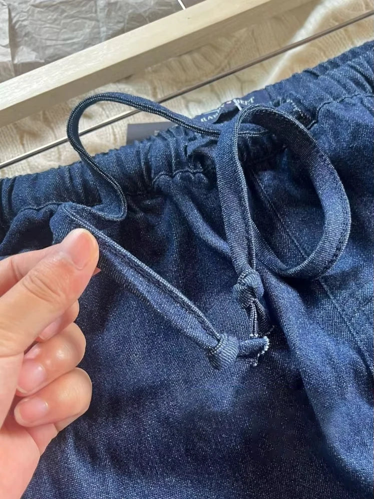 Vintage Drawstring Straight Jeans Women Summer Cotton Denim Long Pants Female Casual Streetwear All--match Deep Blue Trouser Y2K