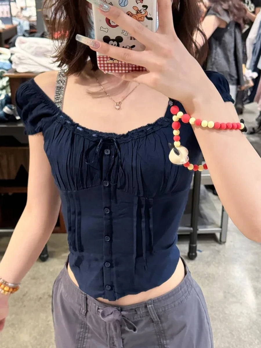 Blue Striped Folds Blouse Top Women New Casual Single Breasted Ruffle Sleeveless Tank Tops Vest Sweet Preppy Style Camisole Y2K