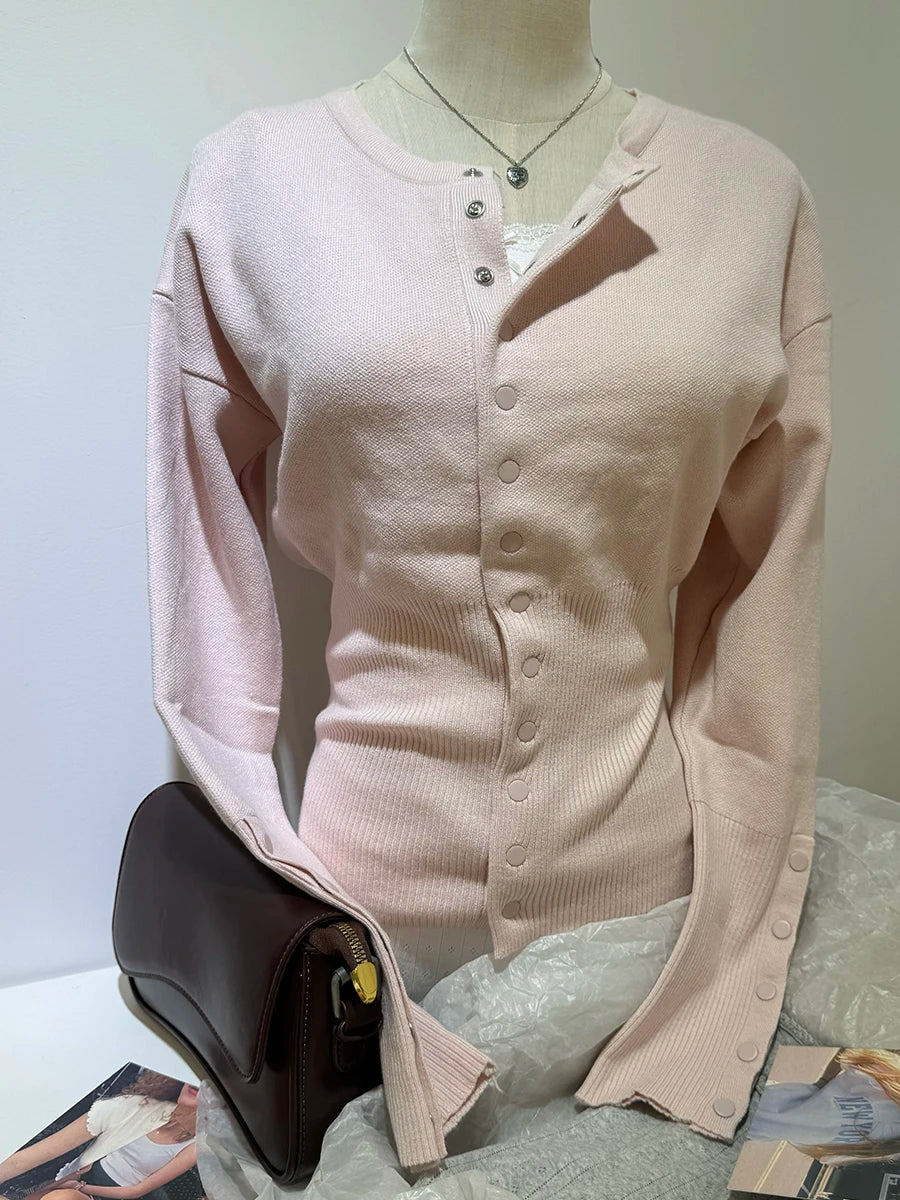 Pink Long Sleeve Knitted Cardigan Women Spring Simple Button Casual Jumper Shoujo Clothes Sweet Cute Preppy Style Sweater Top
