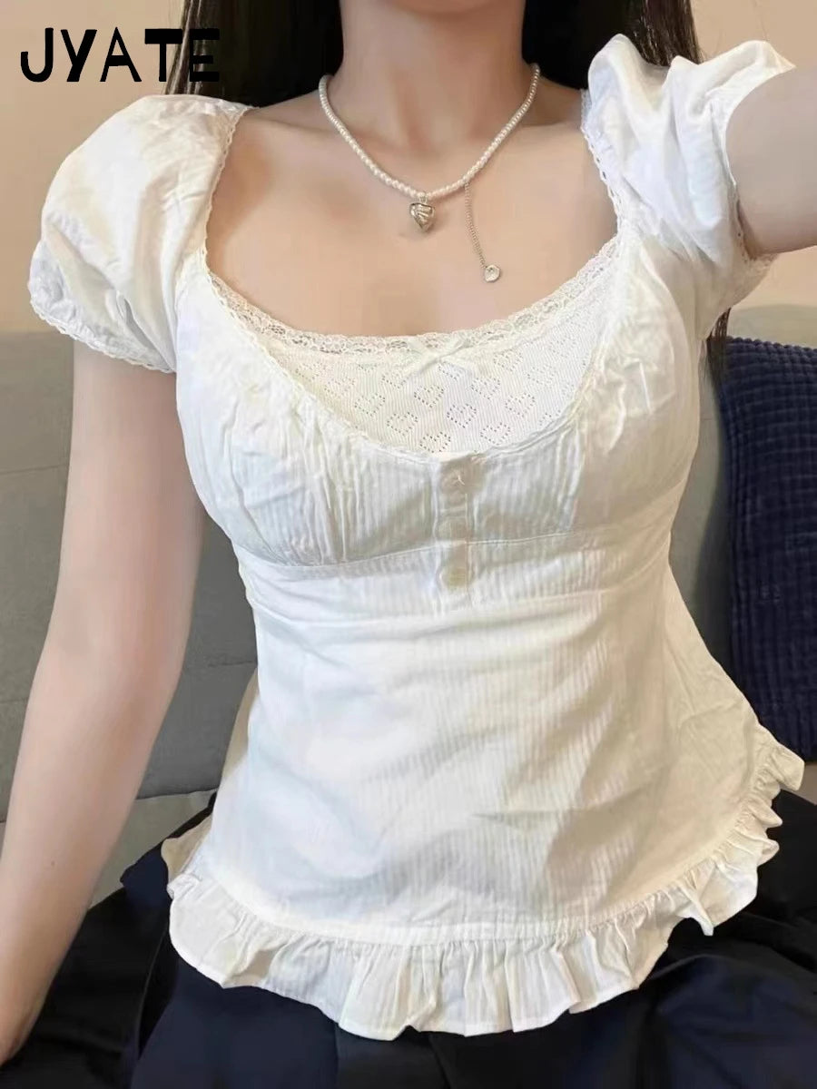 New Lace Trim Strap Cotton Short Sleeve Tees Female Casual Simple Sexy White Crew Neck Tops Clothes Sweet Cute Chic T-shirts Y2K