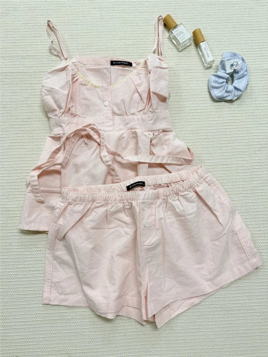 Pink Striped Lace Trim Tank Shorts Set Suit Women New Button Camisole +Elastic Waist Short Pant Sweet Cute Home 2 Piece Sets Y2K