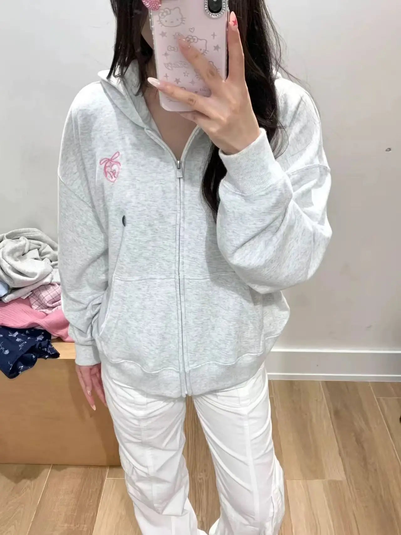 Sweet Gray Zipper Hoodies Women Autumn Casual Pockets Drawstring Hoodie Tops Vintage Loose Preppy Style Y2K Sweatshirts Coat Y2K