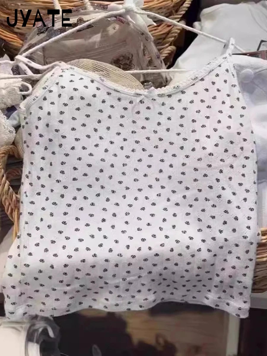Vintage Floral Print White Bow Tank Tops Women New Cotton Streetwear Casual Simple Slim Vest Female Sweet Cute Chic Y2K Camisole