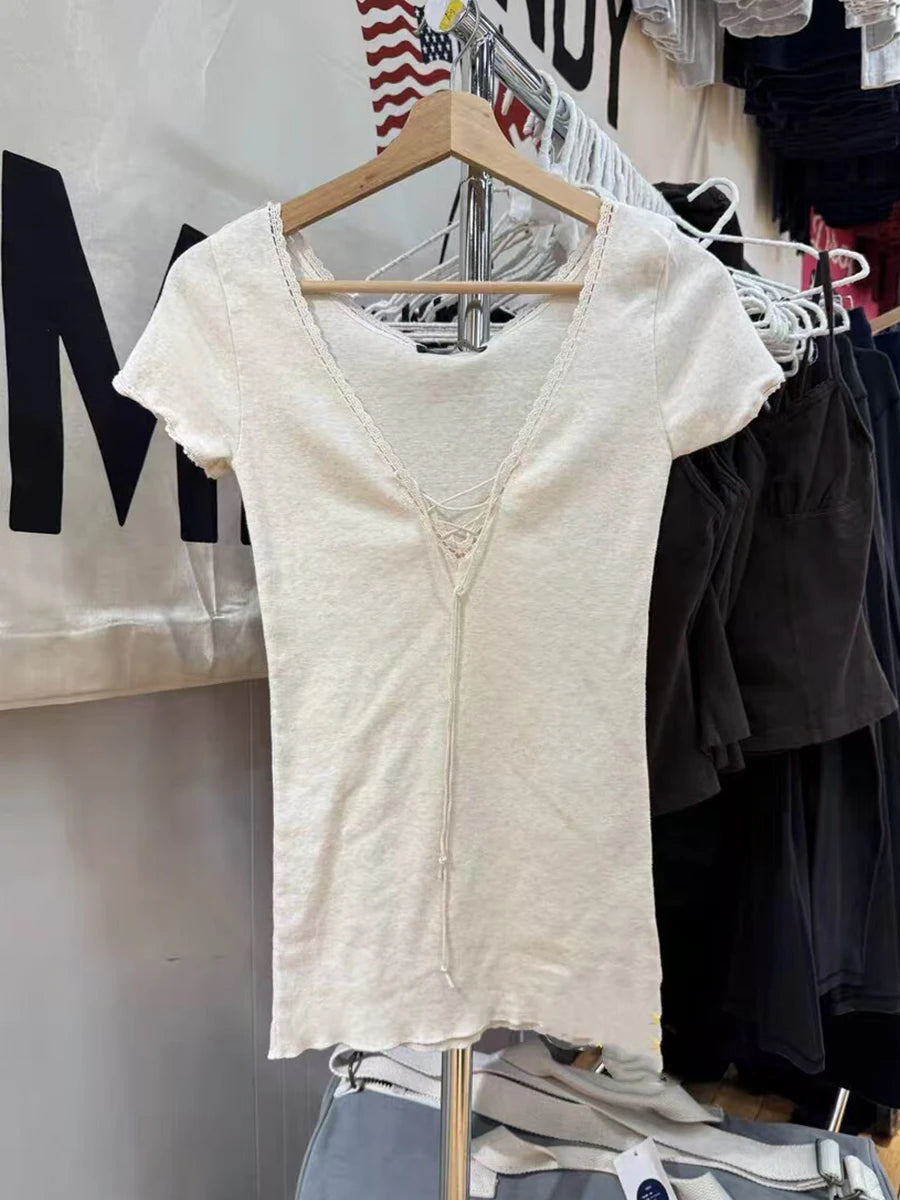 Lace Trim Slim T-shirts Women Summer Streetwear Cotton Lace-up V-neck Short Sleeve Tees Female Sweet Simple Chic Tshirts Y2K