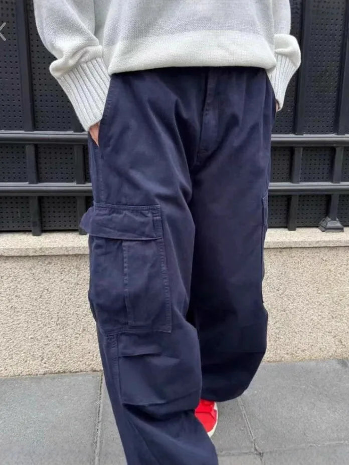 Navy BLue Pockets Loose Cargo Pants Women Spring Drawstring Hem Trousers Streetwear Straight Baggy Sweatpants Long Pant New Y2K