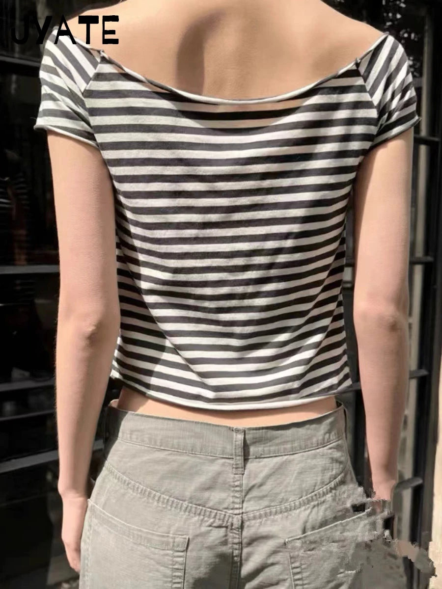 American Striped Slash Neck Slim Crop Tops Women 2024 New Cotton Soft Raw Hem  Short Sleeve Tees Vintage Sweet Chic T-shirts Y2K